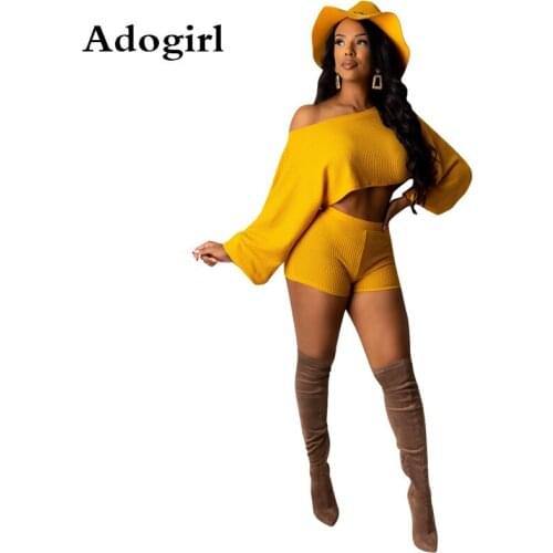 Sweater Two Piece Set Knitted Long Sleeve Crop Tops and Bodycon Shorts Suit Fall/Winter Sexy 2 Piece Set Women Christmas Outfits