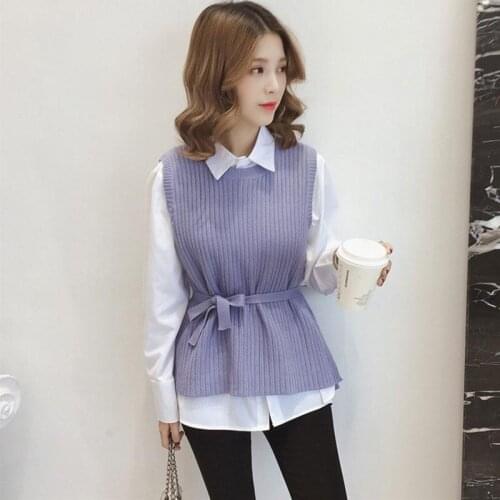 2021 New Spring Autumn Chic Sash Sweater Vest Women Sleeveless Pullover Casual O-neck Sweater Female Knit Jumpers Tops Y574