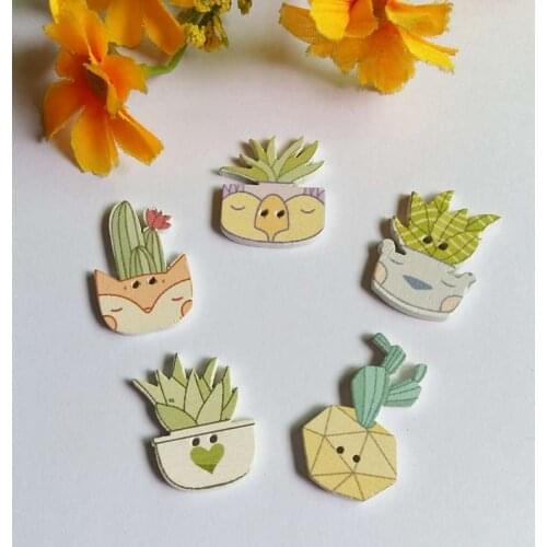 120PCS Plant cactus Pattern 2 Holes Wooden Buttons Mixed styles botones decorativos scrapbook acessorios para artesanato botoes