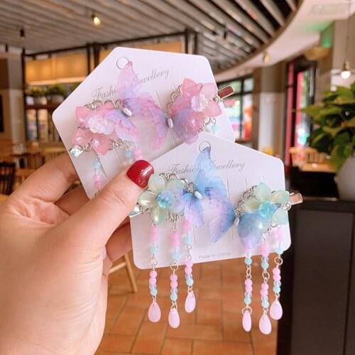 2pcs Antique Chinese Butterfly Hair Clips Lovely Flower Tassel Side Hairpin for Girls Barrette Kids Headwear Styling Grips