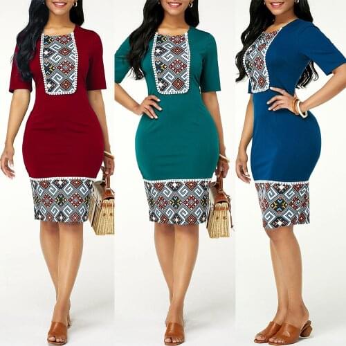 2020 Plus Size Summer Women Dress Name Ethnic Print Slim Bag Hip Dress Female Round Neck High Waist Casual Dress