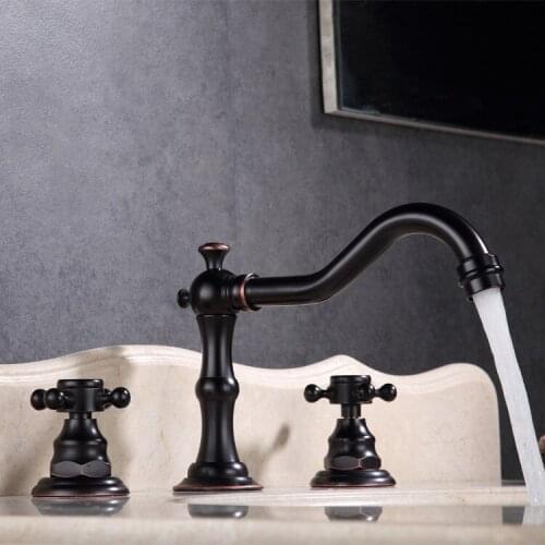 Black Bronze Bathroom Basin Faucet Dual Handle Widespread Sink Tub Mixer Tap Deck Mounted Cold Hot Water 3 Holes Washing Tap