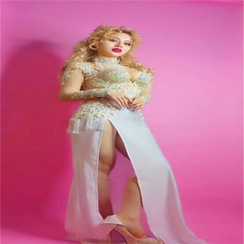 F24 Ballroom dance costumes Rhinestone split skirt female singer dresses model performance wears stage show party clothe dj ds