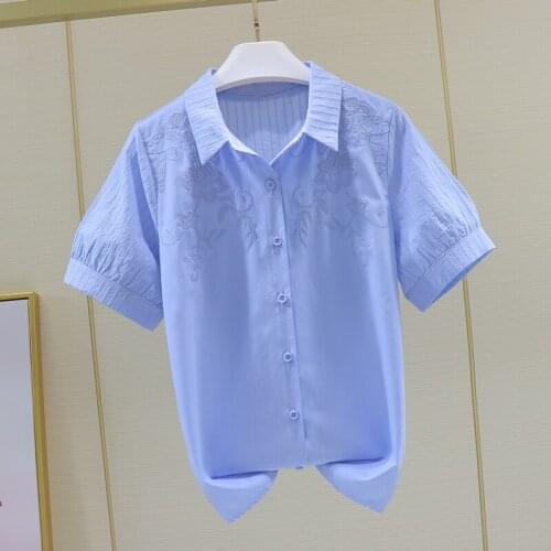 Cotton 100% Blue White Women Shirts Summer New Design 2021 Solid Embroidery Straight Casual Office Lady Elegant Outwear Tops