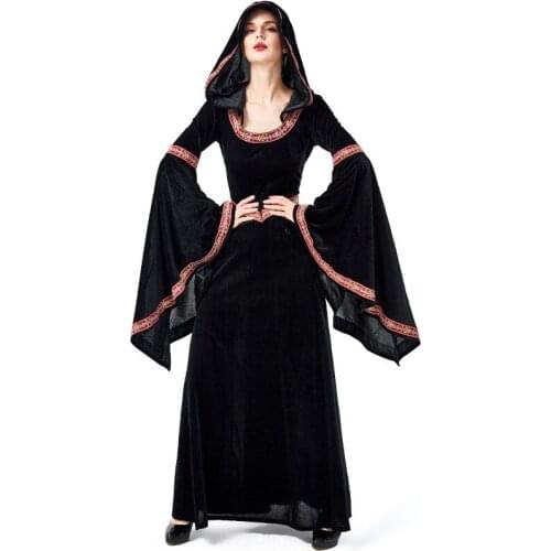 Halloween Cosplay Costumes New Middle Ages Vintage Palace Style Flared Sleeves Slim Long Hooded Robe Witch Cosplay Clothing