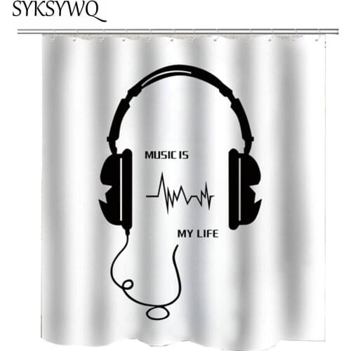 Musical Shower Curtain Microphone Listen to Music Bath Curtain Music Life Black And White Bathroom Curtain Earphone Love Music