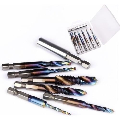 6pcs Metric Thread Tap Drill Bits Set Blue Coating Spiral Screw Point Thread M3 M4 M5 M6 M8 M10 6.2mm Hex Shank Machine Taps Kit