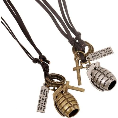 Punk Rock Men Chain Necklace Long Genuine Leather Metal Antique Grenade Cross Pendants Choker Fashion Hippie Women Jewelry Gift