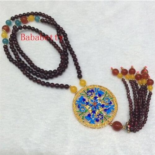 Natural Wine Red Stone Hand Knit Necklace Sweater Chain beautiful floral pattern 5-6 mm long 25 inches 001