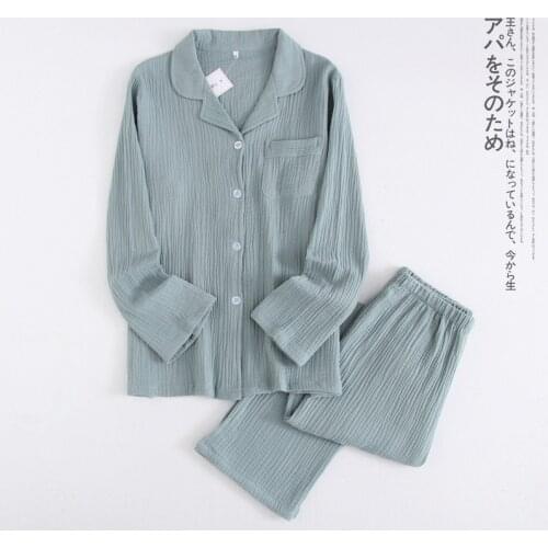 Autumn Couples Cotton Crepe Pajama Set Women Solid Long Sleeve Long Pants Sleepwear Men and Women Pajamas Two Piece Nightwear