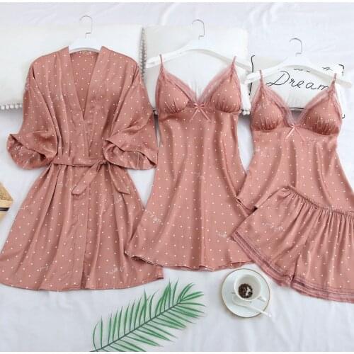 Pink Print Dot Wedding Robe Set Sleepwear Casual Intimate Lingerie Nightgown Nightdress Soft Homewear Home Clothing Kimono Gown