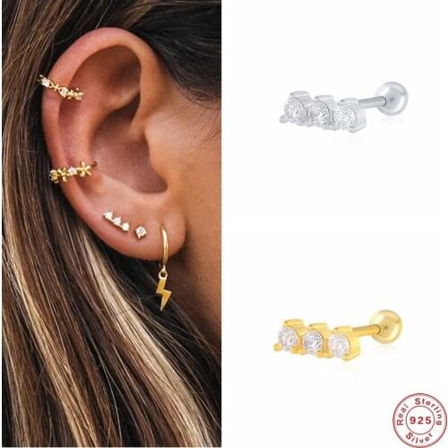 Aide 925 Sterling Silver Gold Three Zircon Line Stud Earrings Piercing Ohrringe Pendientes European Fashion Fine Jewelry Gift