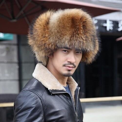 Free Shipping New Genuine Raccoon Fur hat Real fur cap Mens fur hat Winter Natural color Wholesale Retail OEM
