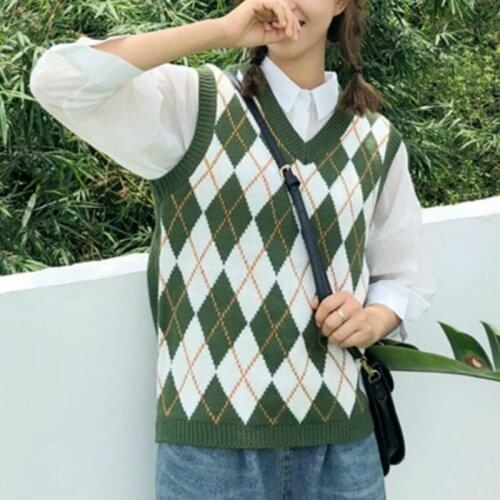 Vintage Argyle Sweater Vest Women Knitted Pink Tank Top Fashion V Neck Sleeveless Loose Korean Waistcoat New Dropshipping Center