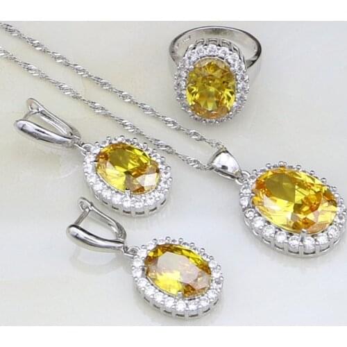 925 Sterling Silver Jewelry Golden Yellow Cubic Zirconia White CZ Jewelry Sets For Women Wedding Earring/Pendant/Necklace/Ring