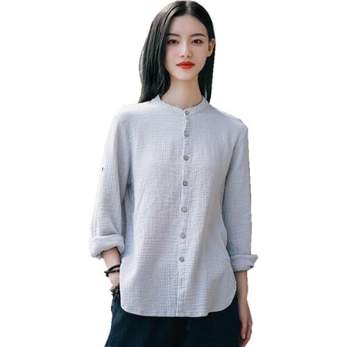 Shanghai Story Womens Half Button Down Cotton Linen Shirt Spring/Fall Clothing