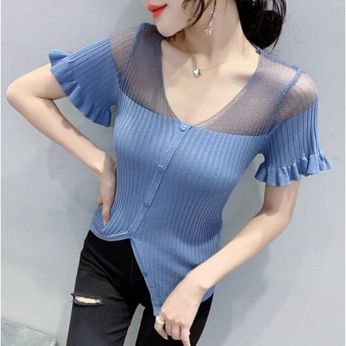 2021summer Womens knitting T-Shirts Short Sleeves Solid Color V Neck Splicing Women T shirt Tops