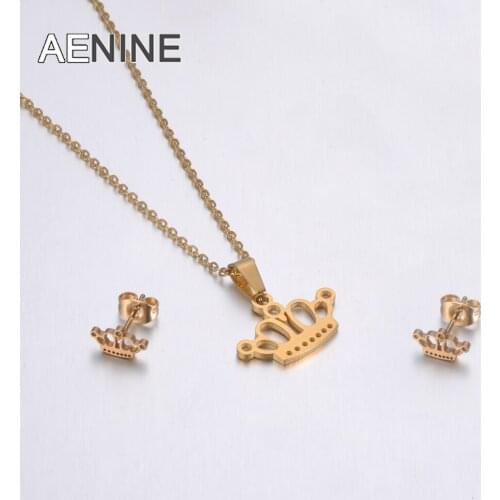 AENINE Trendy Stainless Steel Sets For Women Cartoon Crown Shape Necklace Earrings For Women Lovers Engagement Jewelry