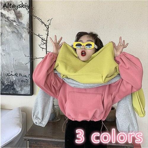 Hoodies Women Cropped Solid Chic All-match Lady Ins Clothing College Leisure Long Sleeve Thick Sweatshirts Spring Korean 2020