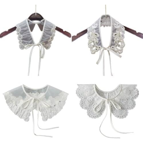 N7MF Women Hanfu Costume Detachable False Collar Faux Pearl Crystal Beading Lapel Necklace Choker Embroidery Lace Shawl Mini