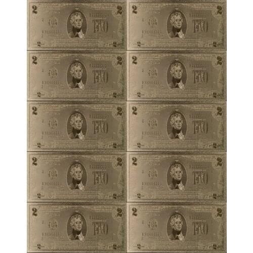 10pcs/lot Exquisite American 2 Dollar Bill Gold Foil Banknote Fake USD Currency Souvenir Plated Banknote Selling