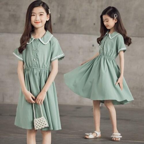 2021 Girl Dress Summer Peter Pan Collar Kids Dresses for Girls Princess Dress Elegant Party Costume Children Clothing 4-14 Years