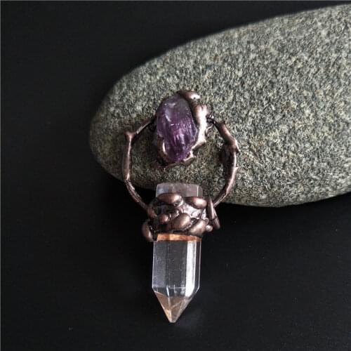 FUWO Hot Sale Quartz Point Pendant With Antique Copper Plated Brass Accessories Raw Amethysts Meditation Retro Jewelry PD371