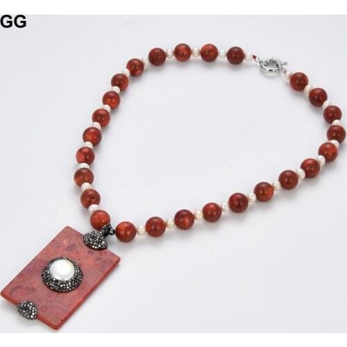 GG Jewelry 12mm Red Spongy Round Coral Pink Pearl Necklace Rectangle Spongy Coral White Coin Pearl Pendant Necklace 20"