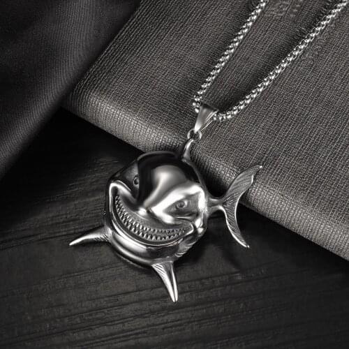 FATE LOVE Fashion Jewelry Male Men Statement Necklaces Shark Pendants Stainless Steel Box Chain Party Gift