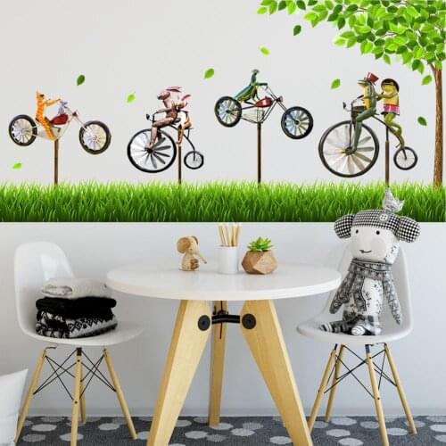 Cute Frog Bike Wall Stickers PVC Waterproof Creative Art Stickers Self-adhesive Wall Decal for Home Living Room Bedroom Decor