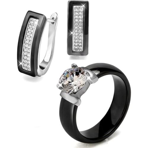 New Elegant Black White Earrings & Rings For Women Lady Smooth Ring With Big Crystal Modern Fashion Jewelry Sets Birthday Gifts
