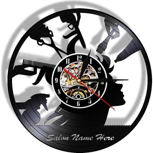 Professional Hair Salon Personalized Wall Clock Hair Cut Salon Custom Hairdressing Business Name Vintage Vinyl Record Wall Clock