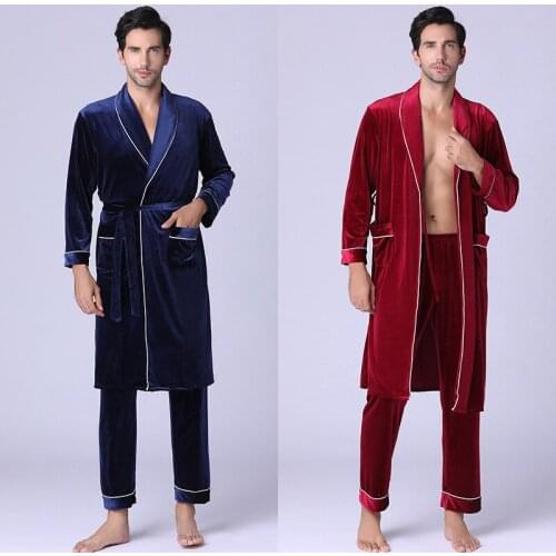 Samwestart Mens Pajamas Set Gold Velvet Pajamas Men Autumn Winter Long Robes Trousers Homewear Two-Piece Set Wholesale