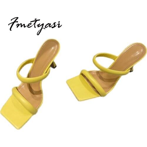Sandals for Women Thin Heels 2021 Summer Narrow Band Yellow Slingbacks Front Strap Ladies Shoes Square Toe High Quality