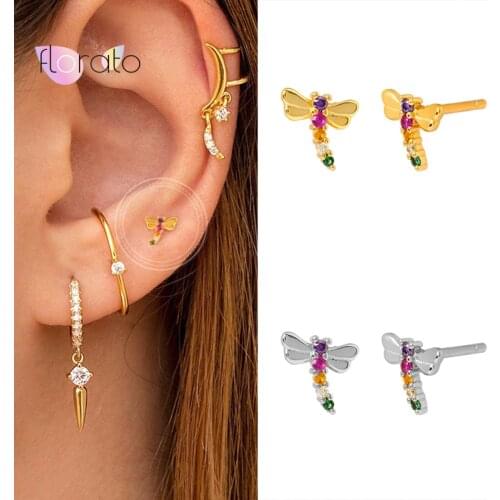 925 Sterling Silver Ear Needle Tiny Colorful Crystal Stud Earrings Mini Dragonfly Earrings Cute Animal Minimalist INS Jewelry