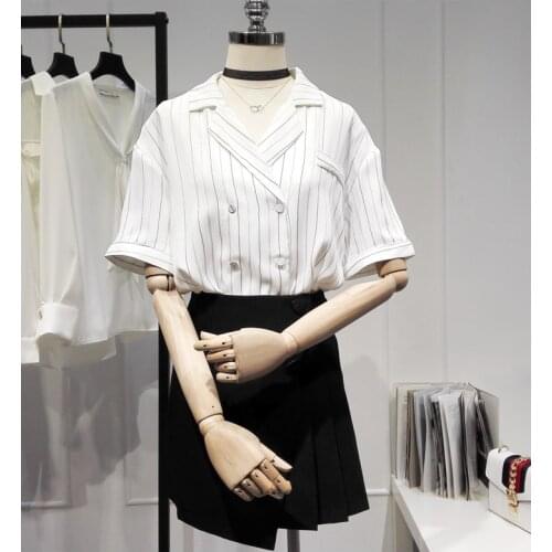 Womens Spring Summer Runway Fashion White Stripe Chiffon Shirt Female Casual Loose Basic Blouse Tees Tops TB1675
