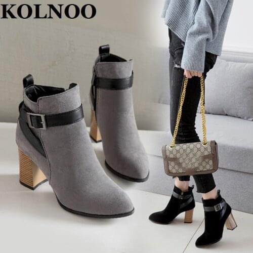 KOLNOO 2022 New Style Womens Thick Heels Boots Buckle&Side-Zipper Daily Wear Ankle Booties Party Prom Fashion Winter Short Shoes