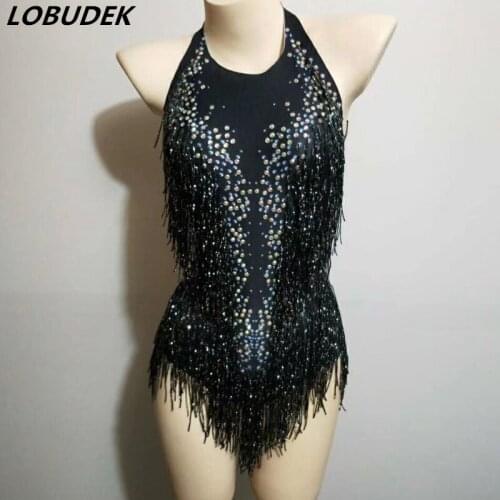 Women Latin Dance Costume Sparkly Rhinestones Tassels Bodysuit Sexy Backless Sleeveless Fringes Stage Wear Bar Nightclub Tights