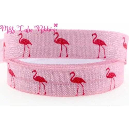 5/8"16mm pink and blue stripe flamingo printed fold over elastic ribbon handmade hair bows sewing elastic band 50 yards