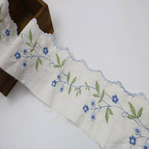 5Yds/lot)10cm Wide White Cotton Embroidery Blue Floral Green Leaf DIY lace Fabric Embroidered DIY Lace Fabric