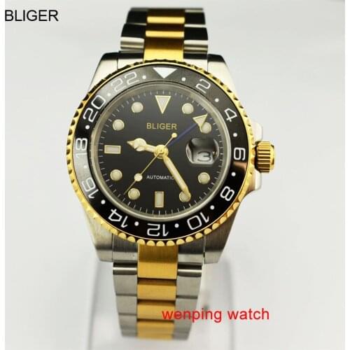 Bliger 40mm black dial series Sapphire glass Ceramic Bezel blue GMT Automatic stainless steel strap Men watches
