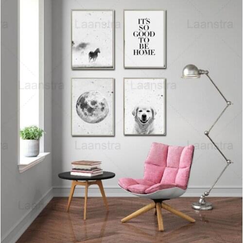 Black and White Nordic Poster Moon Dog Horse Animal Its So Good To Be Home Quotes Canvas Painting Living Room Home Decor NoFrame