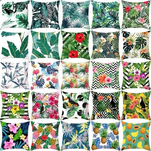 RZN Tropical Decoration Print Cushion Cover Polyester Green Plant Throw Pillow for Sofa/Home Decorative Pillowcase