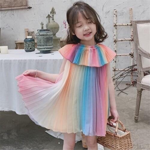 2021 Kids Clothes Girls Summer Dress Fashion Rainbow Pleated Chiffon Dress Princess Children Dresses Baby Toddler Vestidos