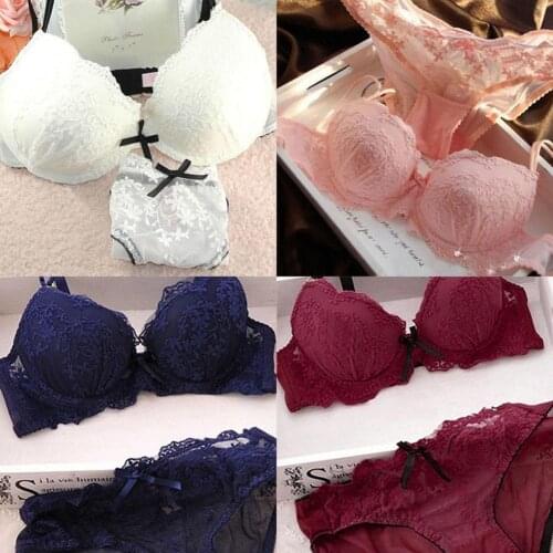 Women Sexy Lace Flower Embroider Bow Decor Push Up Bra Set Knickers Underwear