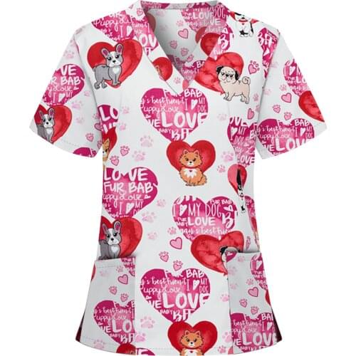 Plus Size Love Nurse Uniform Scrubs Women Short Sleeve V-neck Tops Working Uniform Nurse Accessories Pocket Women Clothes
