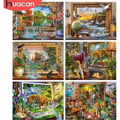HUACAN Full Square 5d Diamond Painting Animal Mosaic Tiger DIY Diamond Embroidery Leopard Forest Home Decor Craft Kit