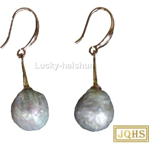 JQHS Super Luster 12mm Dangle round white Reborn keshi pearls Earrings 925 silver hook j13110