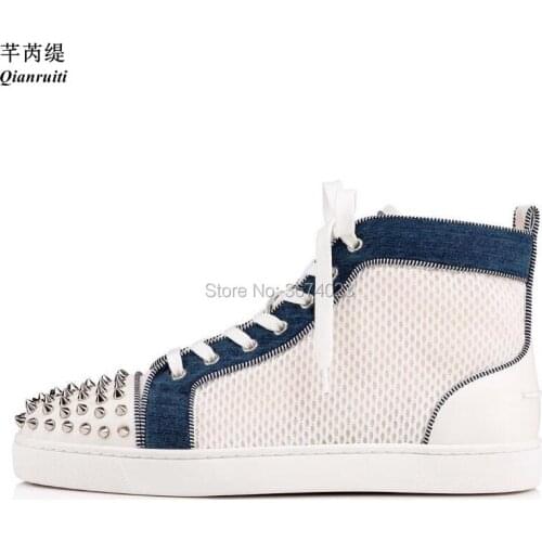 Qianruiti Men Stress Spikes Sneakers Patchwork High Top Shoes Rivets Flats Shoes Lace Up Rubber Sole Sneakers Men
