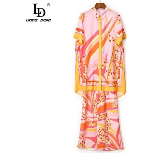 LD LINDA DELLA New 2021 Bohemian Summer Print Loose Two Pieces Pants Set Womens Short sleeve Long Shirts and Pants Suit